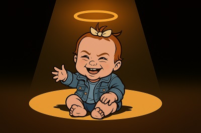 baby with hallo and a beam of light shinning down from above. 
